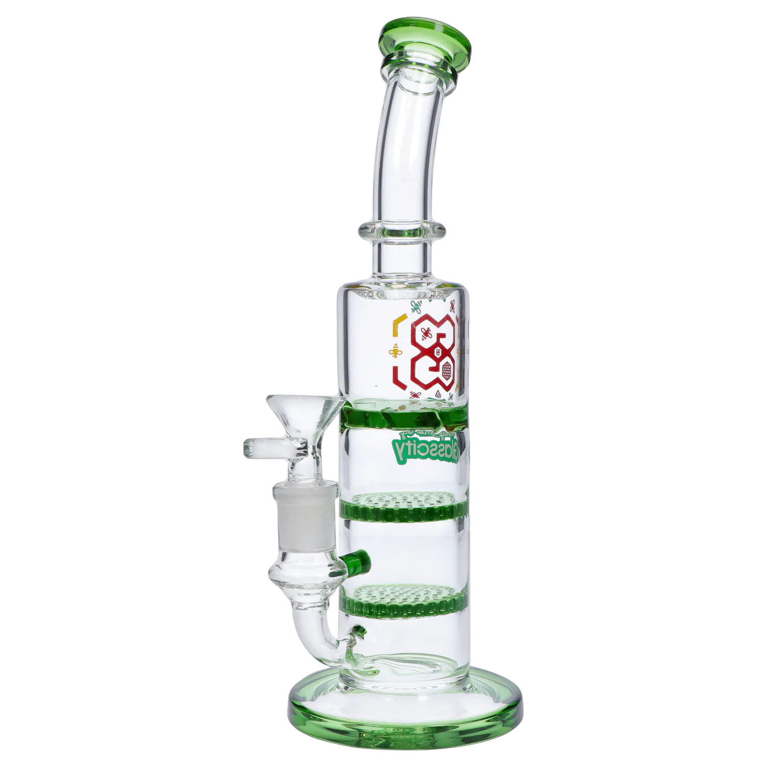 Side view of the DHC Bent Neck Water Pipe with Triple Honey Comb Perc - 9.5 in., a clear glass rig with green accents and stacked honeycomb percs.