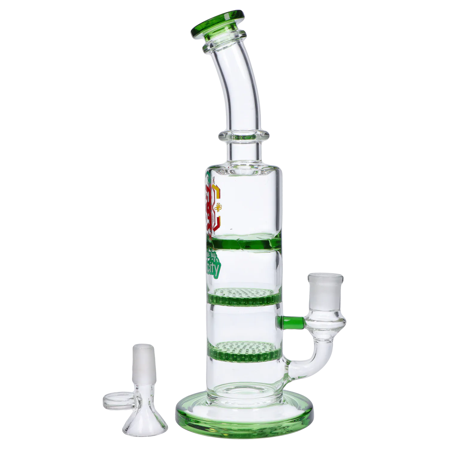 Side view of the DHC Bent Neck Water Pipe with Triple Honey Comb Perc - 9.5 in. showing clear glass with green accents and stacked honeycomb percs.