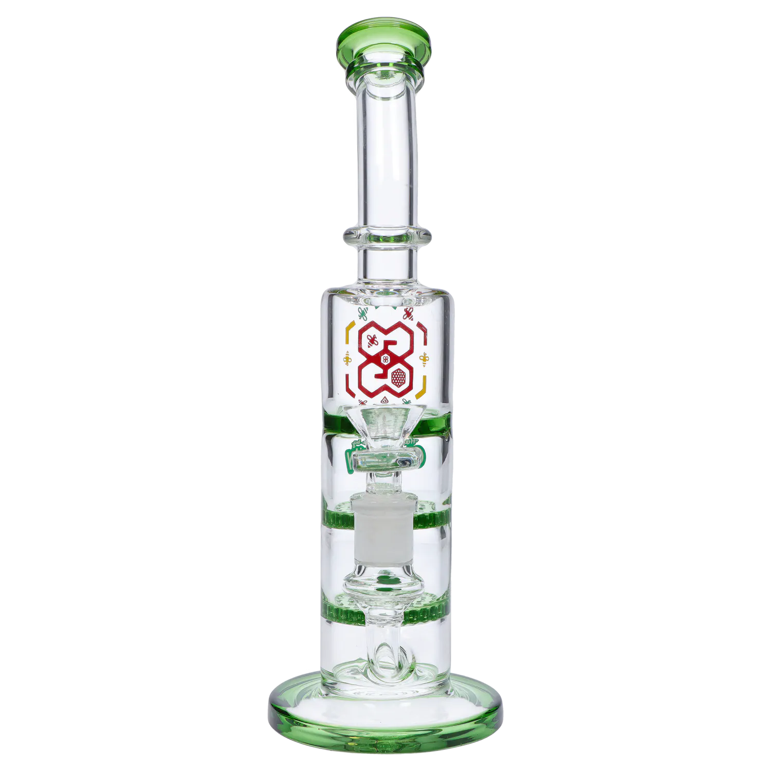 Center-frontal view of the DHC Bent Neck Water Pipe with Triple Honey Comb Perc - 9.5 in., showing clear glass with green accents and a red honeycomb logo.