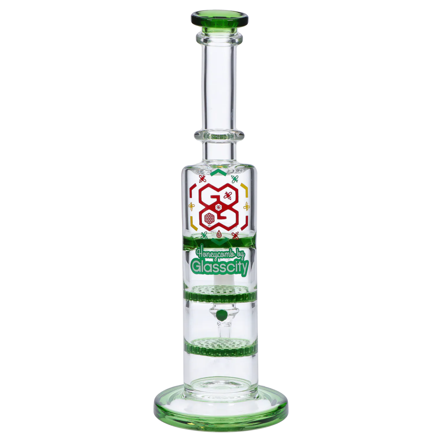 Tall studio-shot of the DHC Bent Neck Water Pipe with Triple Honey Comb Perc - 9.5 in., centered against a white background showing green accents and stacked percolator chambers.