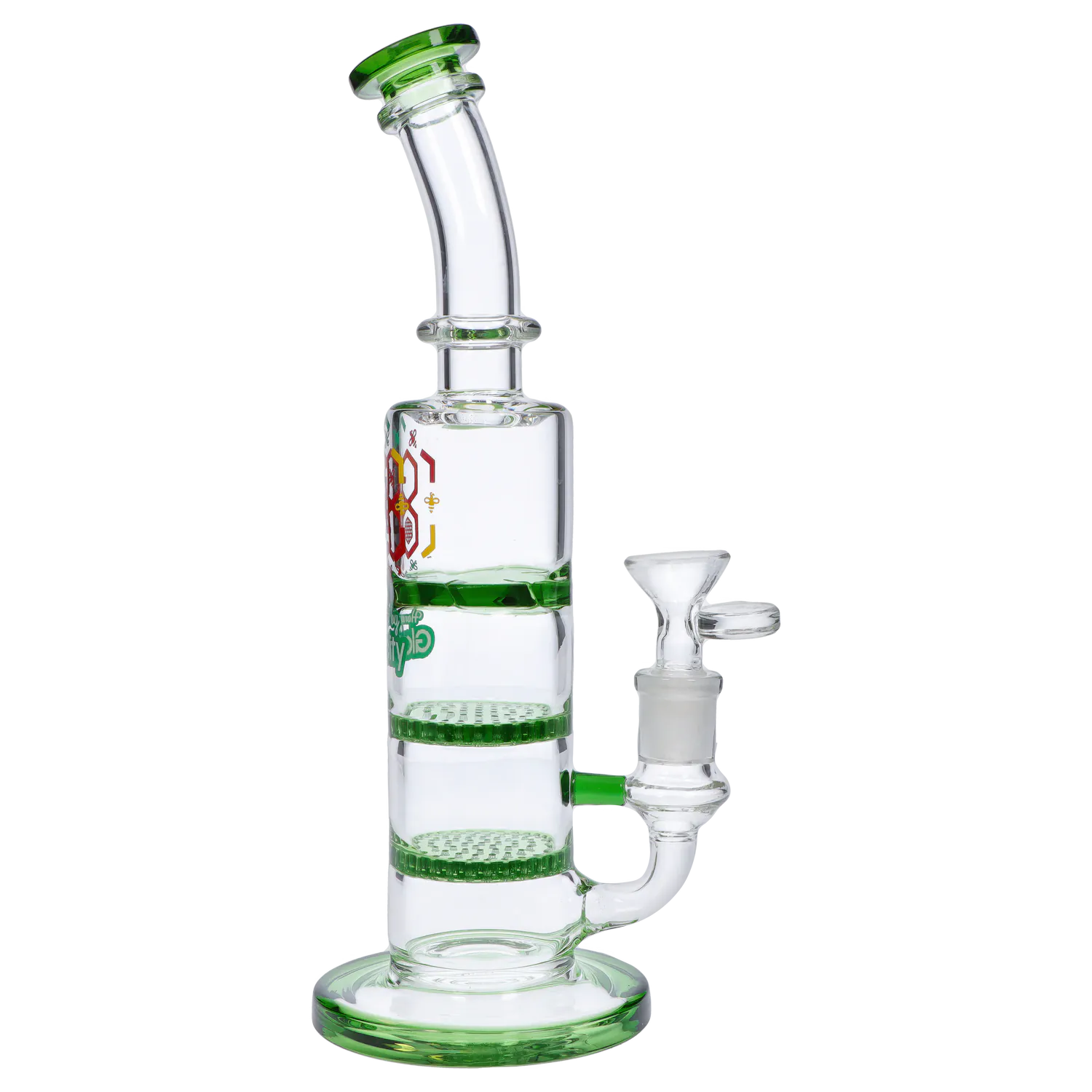 Side profile of the DHC Bent Neck Water Pipe with Triple Honey Comb Perc - 9.5 in., clear glass with green accents and three stacked honeycomb percs.