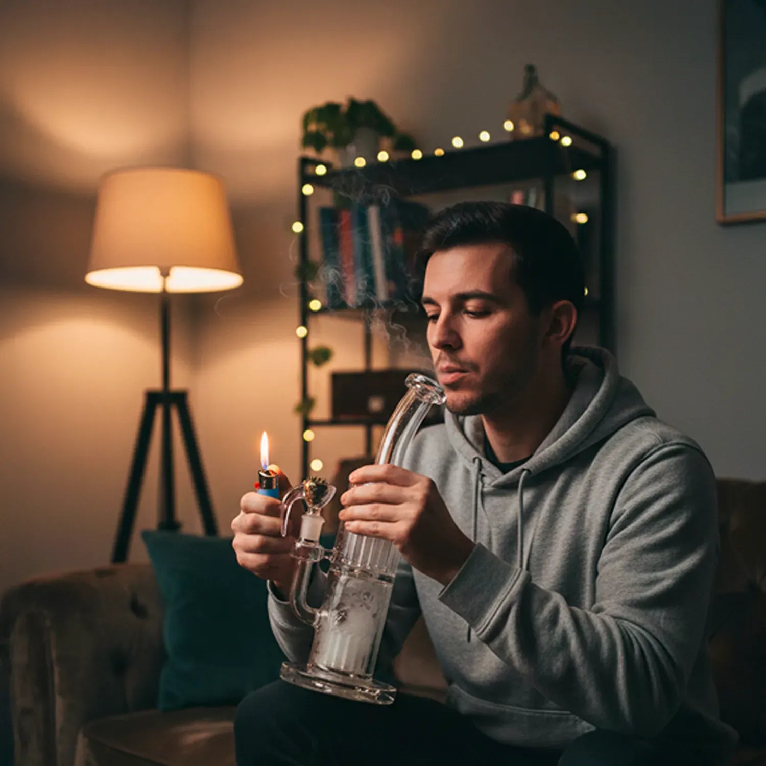 Side view of a man lighting the clear 13" Hue - Jellyfish Bong Clear as he inhales in a warmly lit living room.