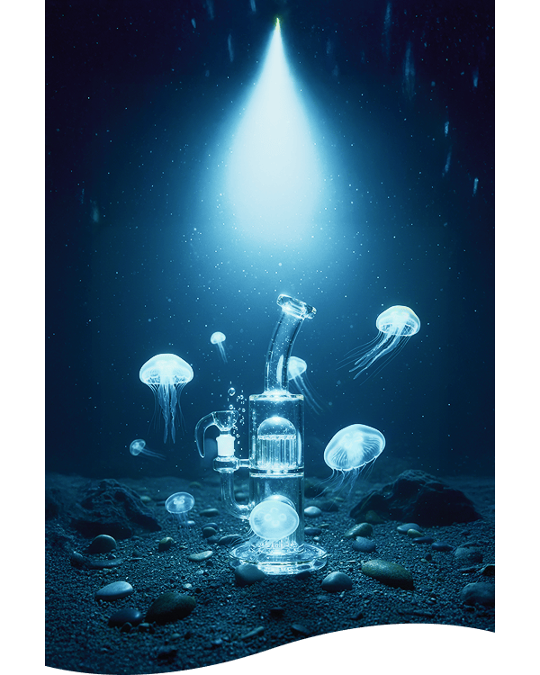 Underwater scene showing a clear Hue - Jellyfish Bong Clear - 13" illuminated by a single overhead beam with translucent jellyfish floating around it.
