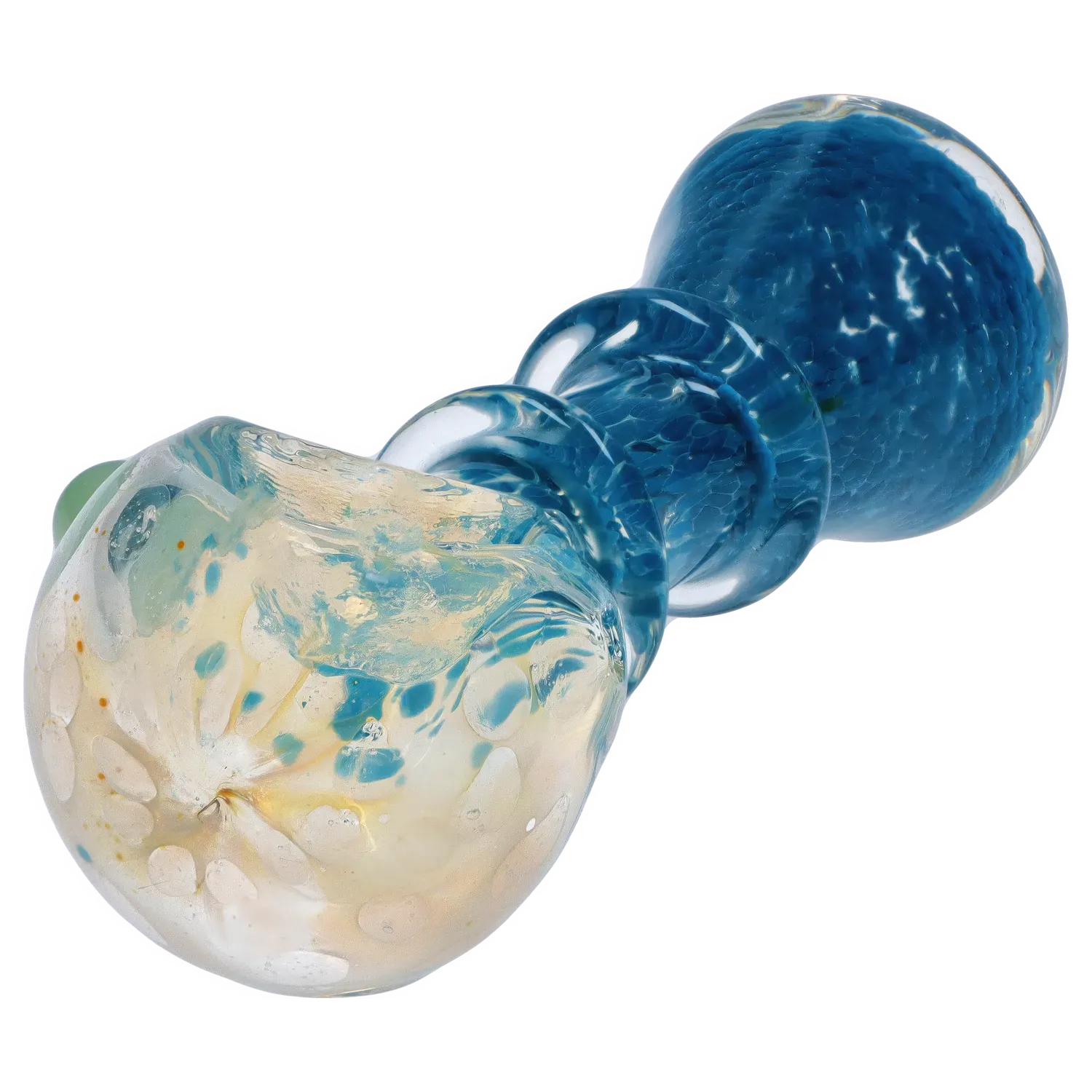 Angled close-up of the DHC Colorful Spoon with Grips Pipe showing its blue textured stem and translucent bulb with swirls of aqua and gold.