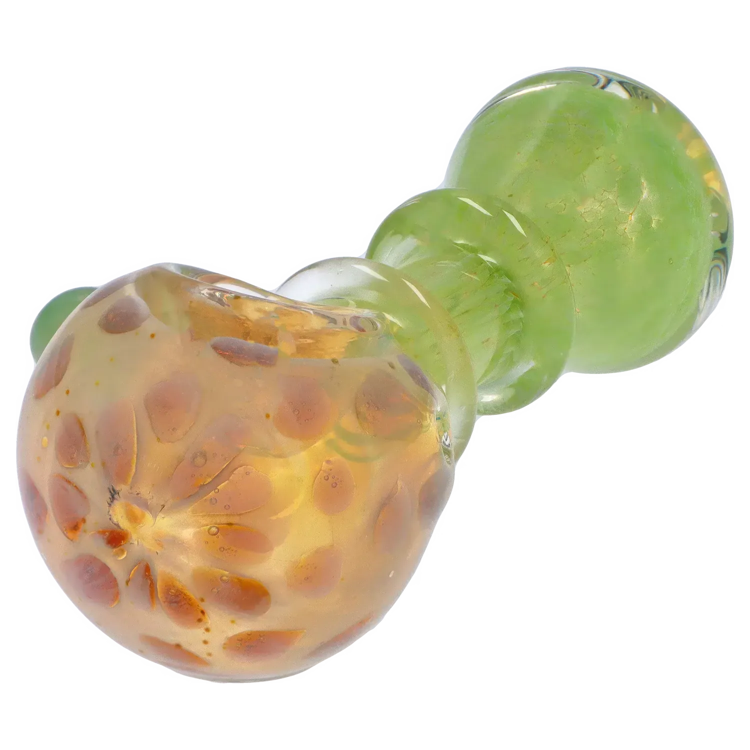 Angled close-up of the DHC Colorful Spoon with Grips Pipe showing a green bulbous stem and amber-speckled bowl against a white background