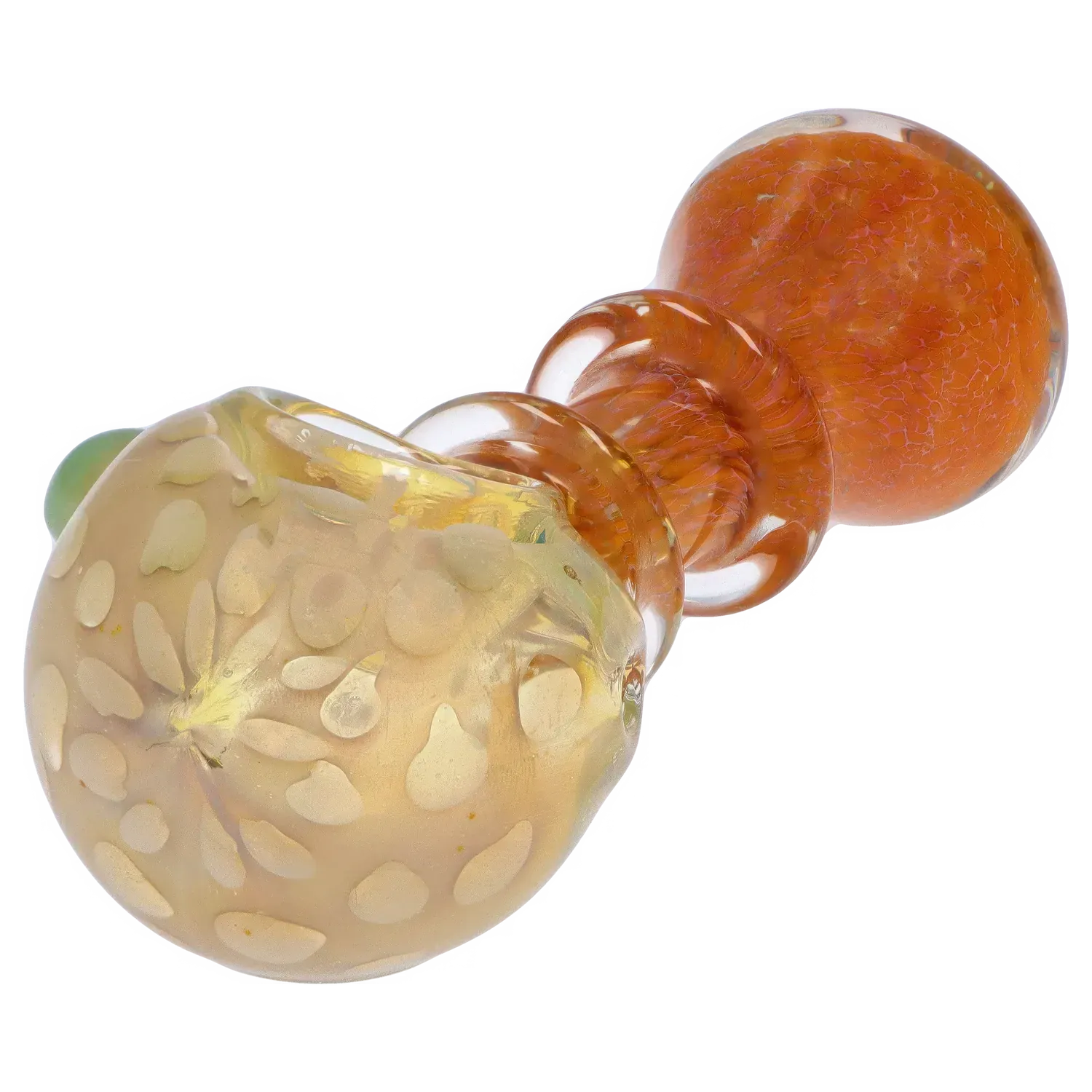 Angled close-up of the DHC Colorful Spoon with Grips Pipe showing frosted polka-dot glass and a textured amber bulb end.