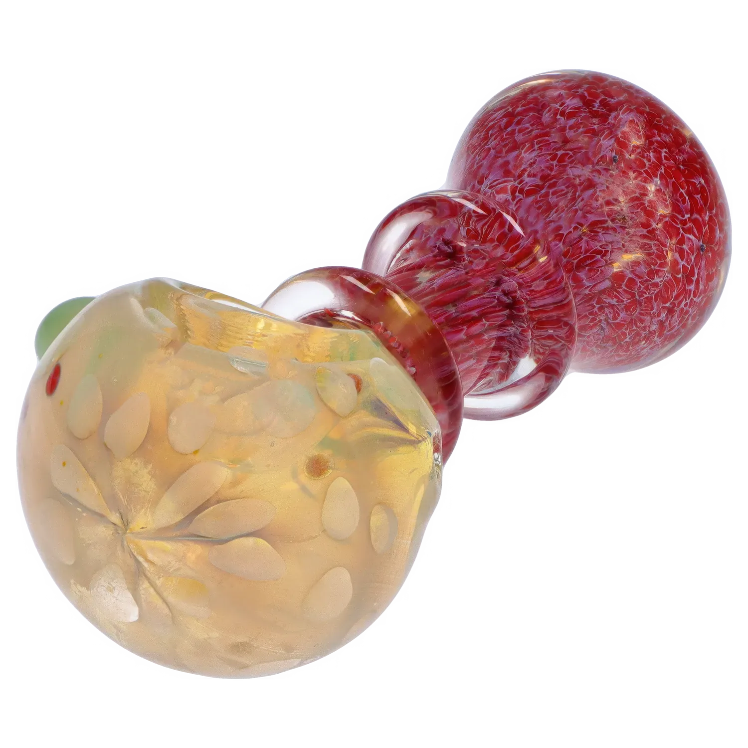 Angled close-up of a red-and-amber glass DHC Colorful Spoon with Grips Pipe showing textured bulb and patterned bowl.