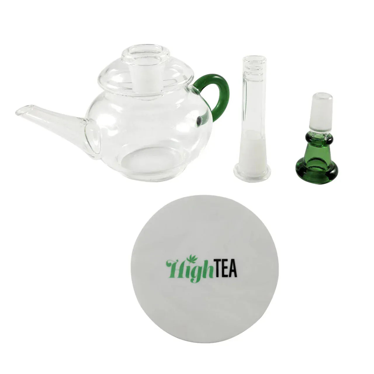 Top-down view of a clear glass teapot-style High Tea Bubbler with a green handle, two glass attachments, and a white circular mat branded "HighTEA" below.