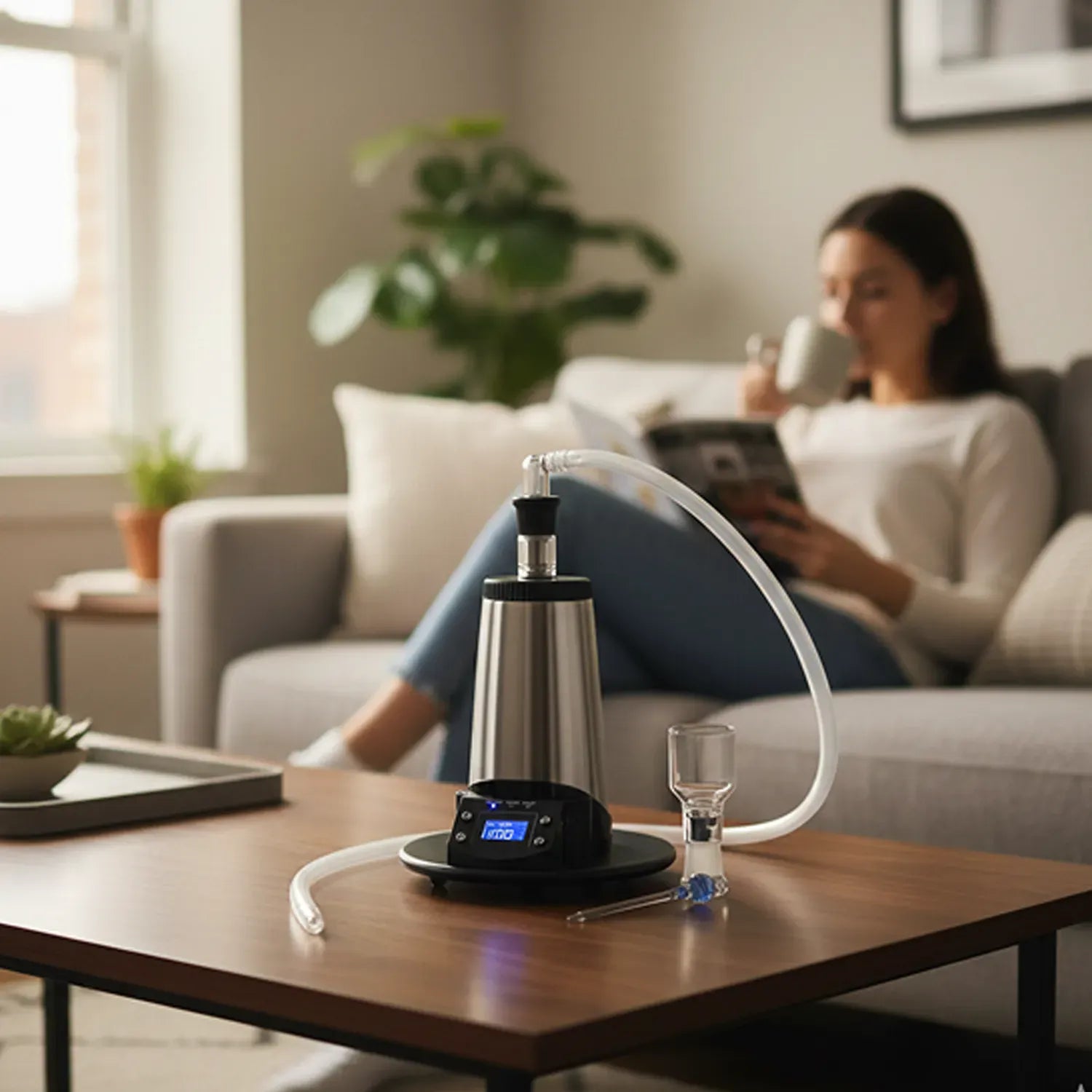 Close-up of an Arizer V-Tower Desktop Vaporizer on a wooden coffee table with hoses and glass accessory, a woman blurred on a sofa in the background.