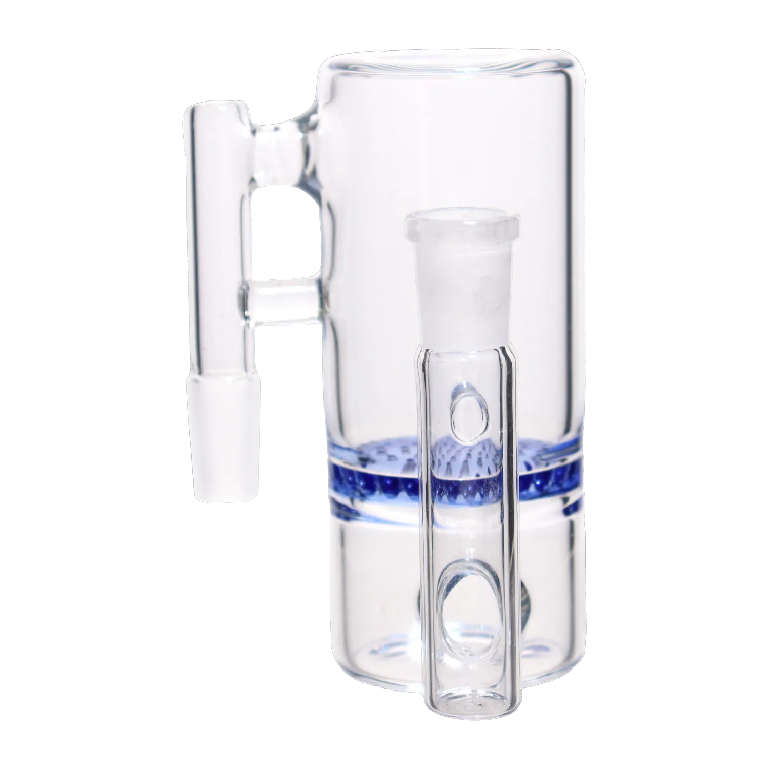 Close-up front view of the clear DHC Honeycomb Ash Catcher - 90 degree - 14mm showing its straight cylindrical chamber, blue honeycomb ring, and frosted 14mm joint.