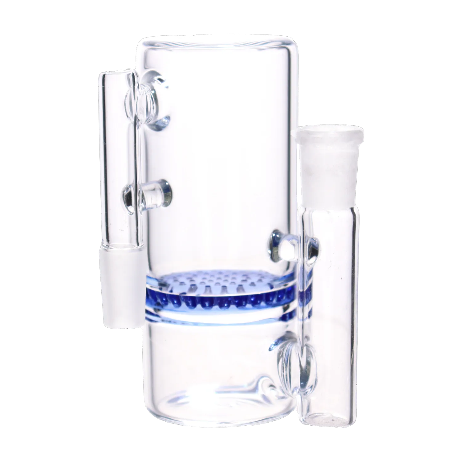 Close-up, slightly angled view of the clear DHC Honeycomb Ash Catcher - 90 degree - 14mm showing its blue honeycomb percolator and glass joint details.