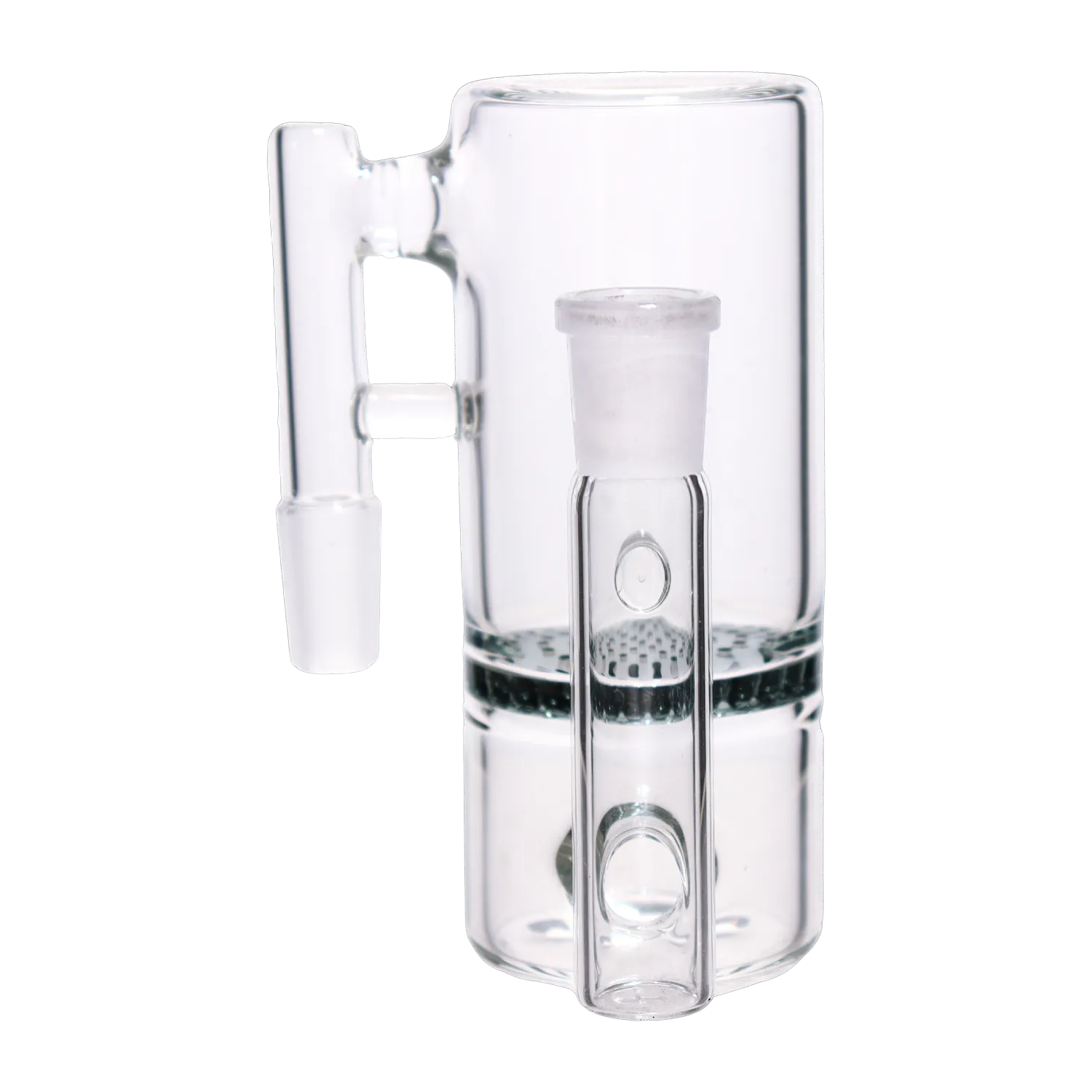 Close-up front view of the clear DHC Honeycomb Ash Catcher - 90 degree - 14mm showing its vertical chamber, frosted 14mm joint, and honeycomb percolator.