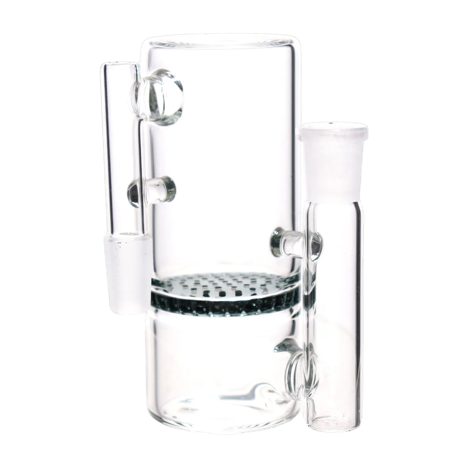 Close-up angled view of the clear DHC Honeycomb Ash Catcher - 90 degree - 14mm showing its cylindrical chamber, honeycomb disc and side joint against a white background