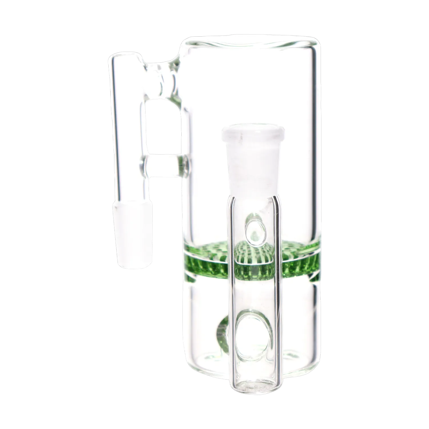 Close-up front view of the clear DHC Honeycomb Ash Catcher - 90 degree - 14mm showing its green honeycomb perc and angled joint.