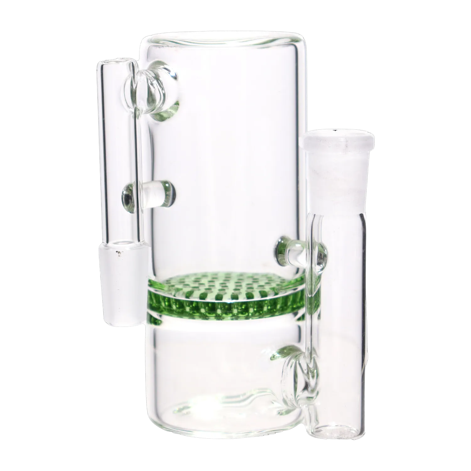 Close-up three-quarter view of the clear DHC Honeycomb Ash Catcher - 90 degree - 14mm showing its green honeycomb percolator and glass joints.