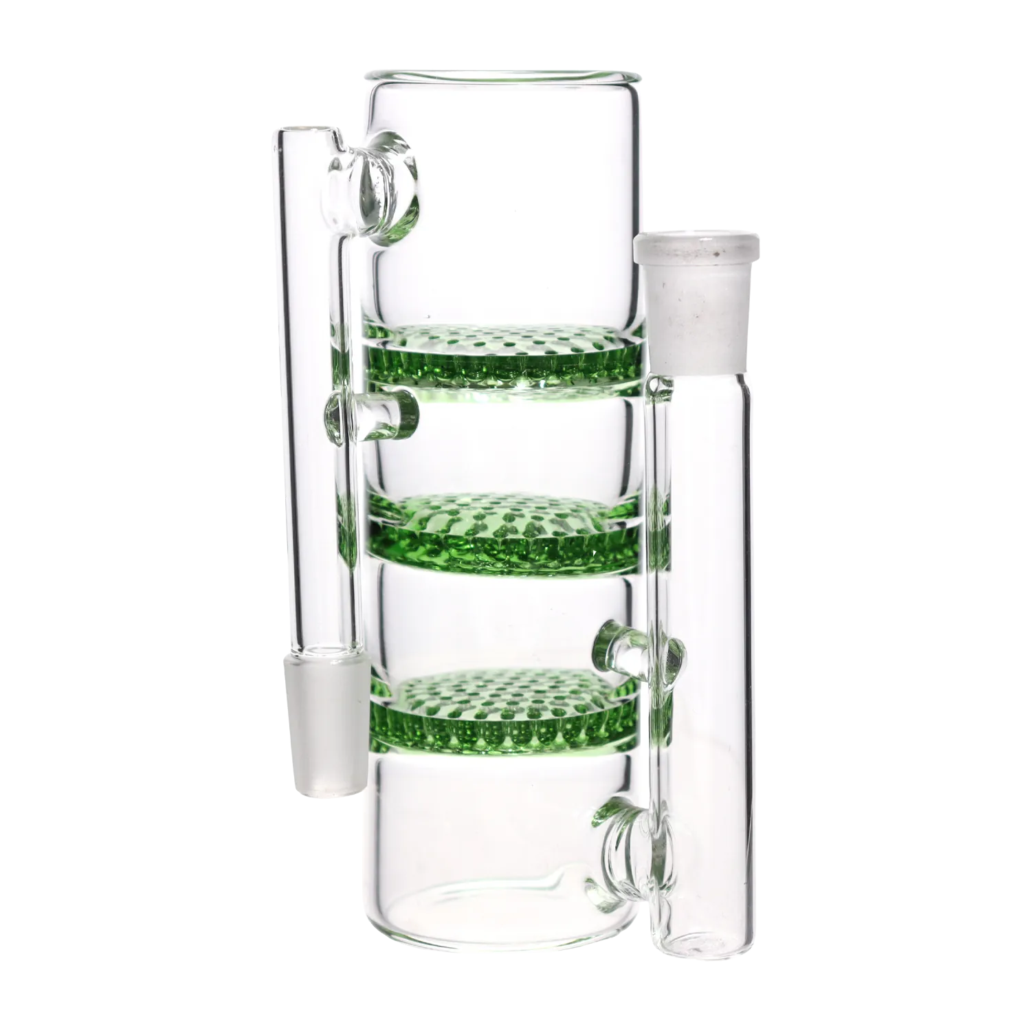 Close-up side view of the DHC Triple Honeycomb Ash Catcher - 90 degree - 14mm showing three stacked green honeycomb discs inside clear glass on a white background