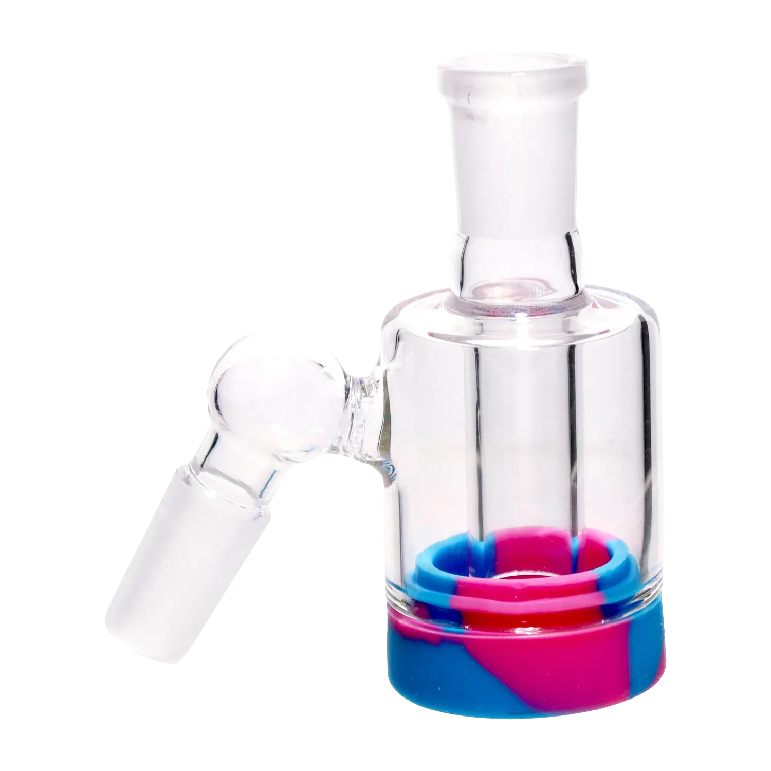 Close-up, angled view of the DHC 3.5-inch Silicone Base Reclaim Ash Catcher - 45 degree - 14mm showing its clear glass upper joint and a red and blue silicone base.