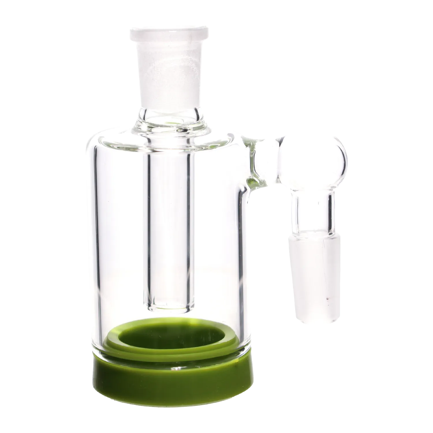 Side view close-up of the clear DHC 4-inch Silicone Base Reclaim Ash Catcher - 90 degree - 14mm showing its glass joint and green silicone base against a white background.