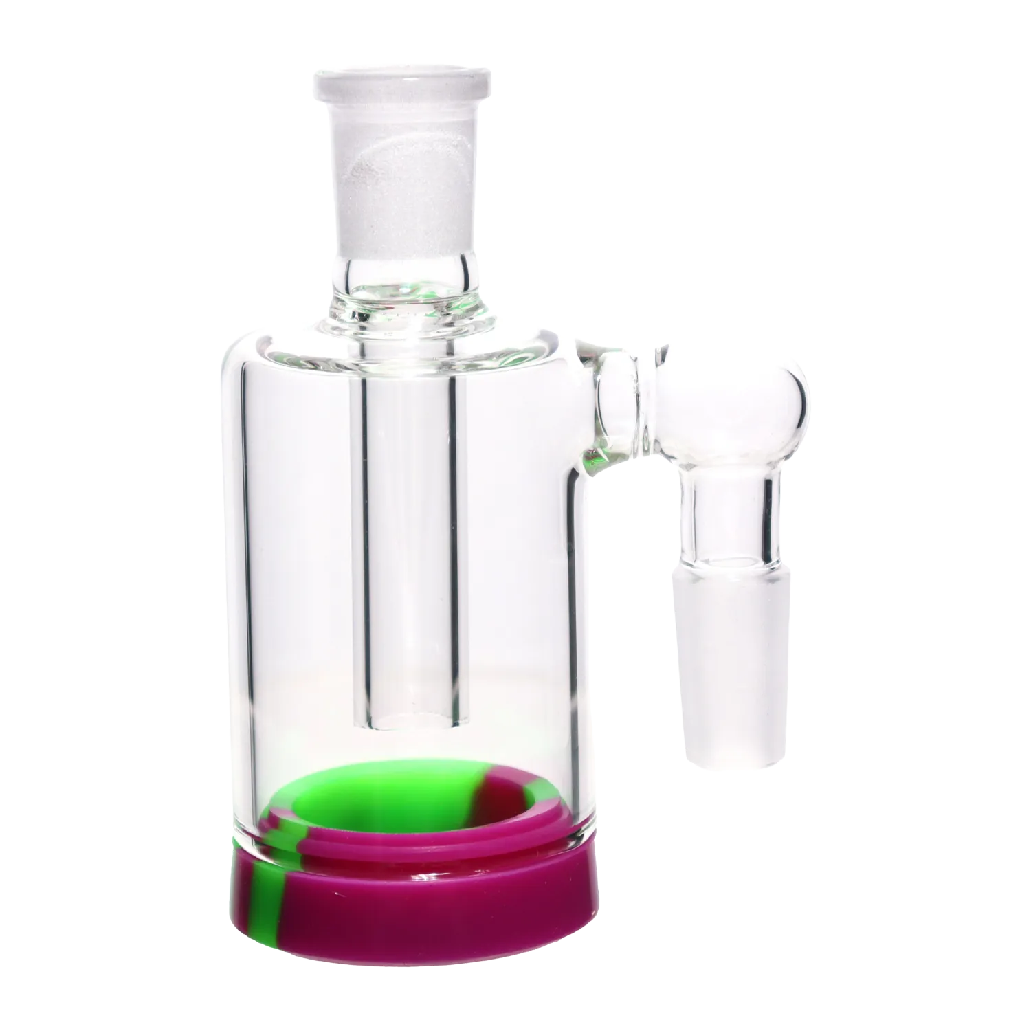 Close-up front view of the DHC 4-inch Silicone Base Reclaim Ash Catcher - 90 degree - 14mm showing its clear glass chamber, right-side joint and visible red and green silicone base.