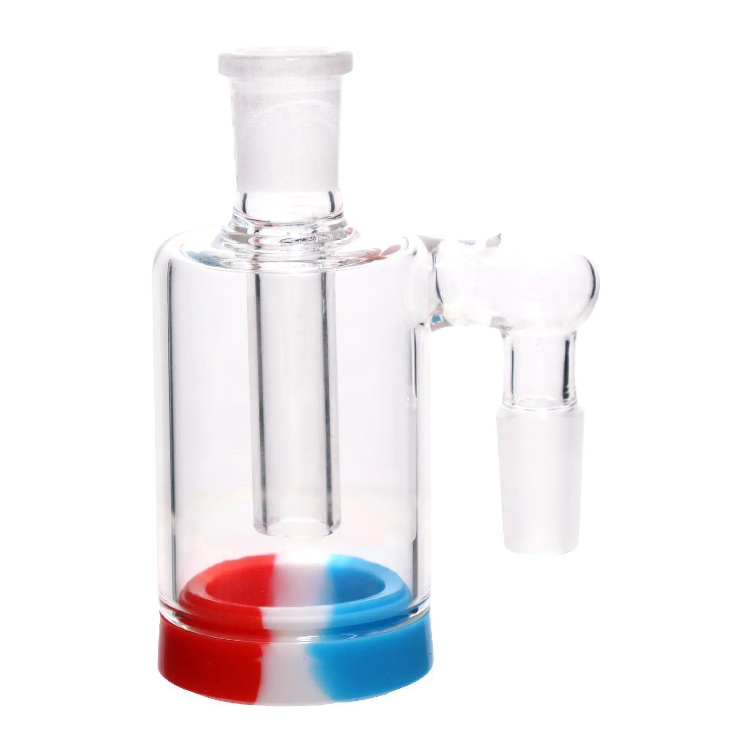 Close-up front view of the DHC 4-inch Silicone Base Reclaim Ash Catcher - 90 degree - 14mm showing its clear glass chamber, right-side 90° joint, and a red-white-blue silicone base.