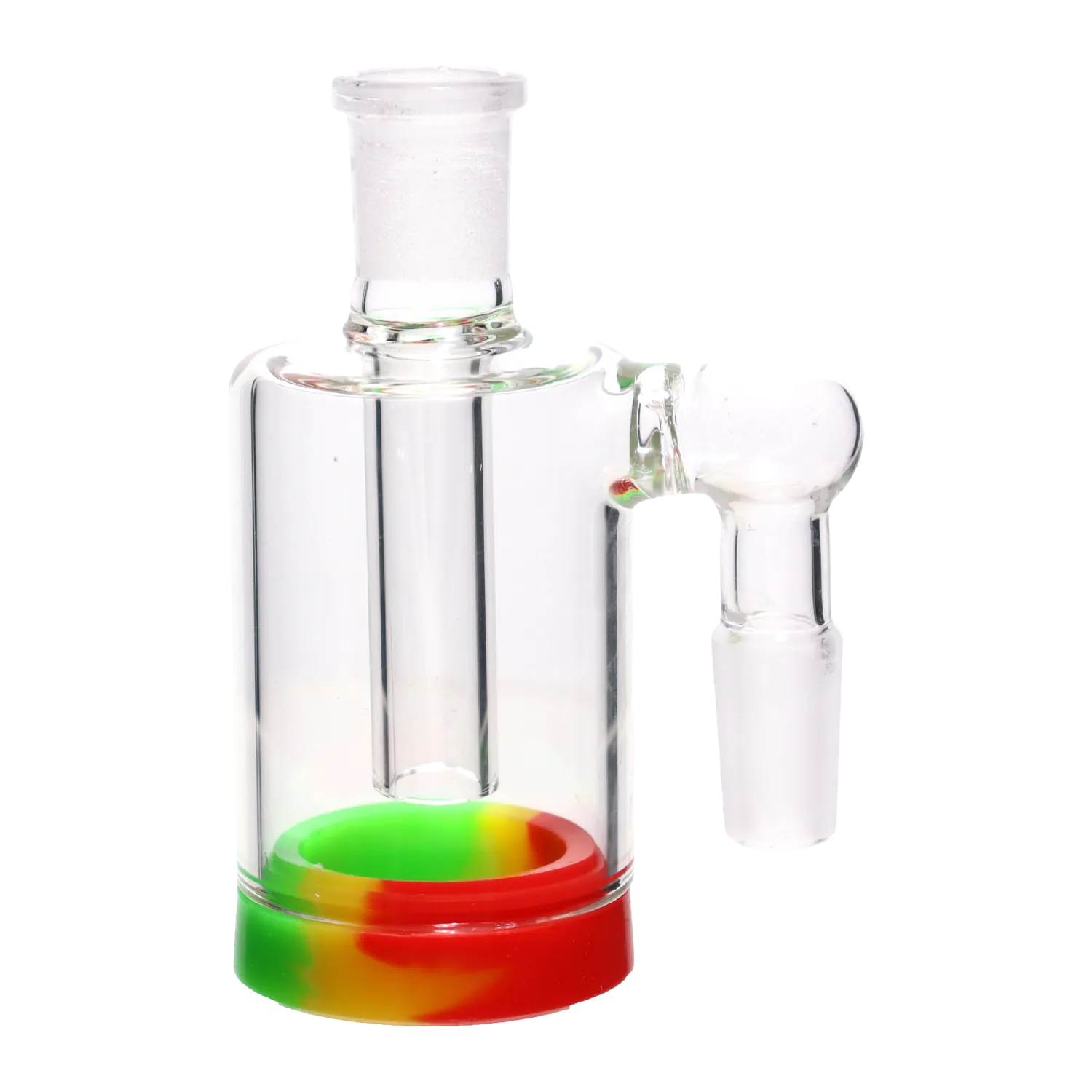 Close-up, slightly angled view of the DHC 4-inch Silicone Base Reclaim Ash Catcher - 90 degree - 14mm showing clear glass construction and a Rasta-colored silicone base.