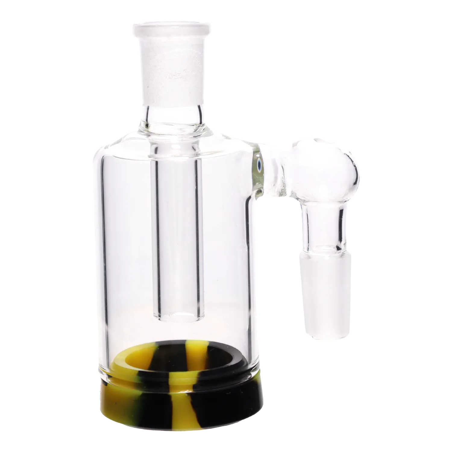 Close-up side view of the DHC 4-inch Silicone Base Reclaim Ash Catcher - 90 degree - 14mm showing its clear glass chamber and a yellow-and-black silicone base.