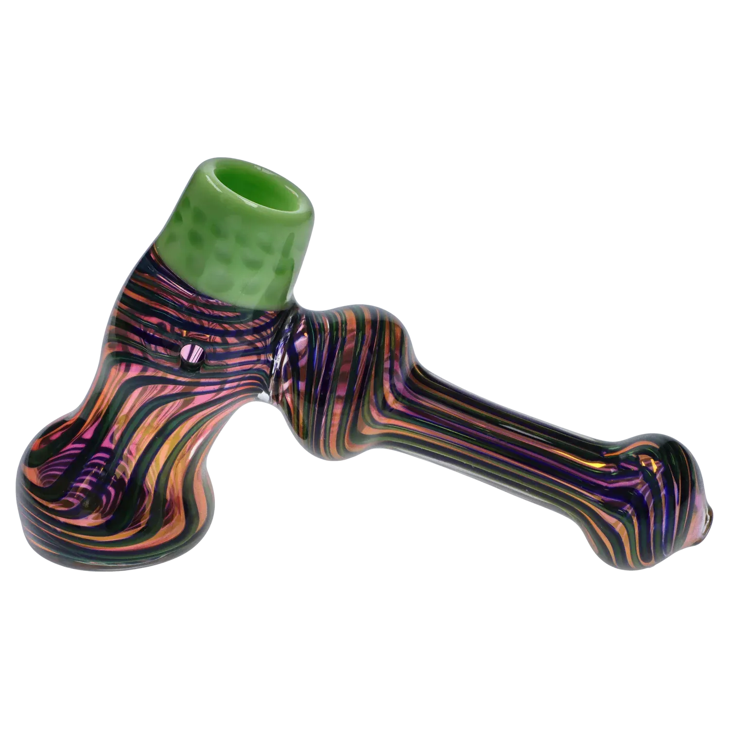 Angled close-up of the DHC Gold Fume Hammer Bubbler - 7 in. showing a green bowl atop iridescent purple, orange, and black striped glass.