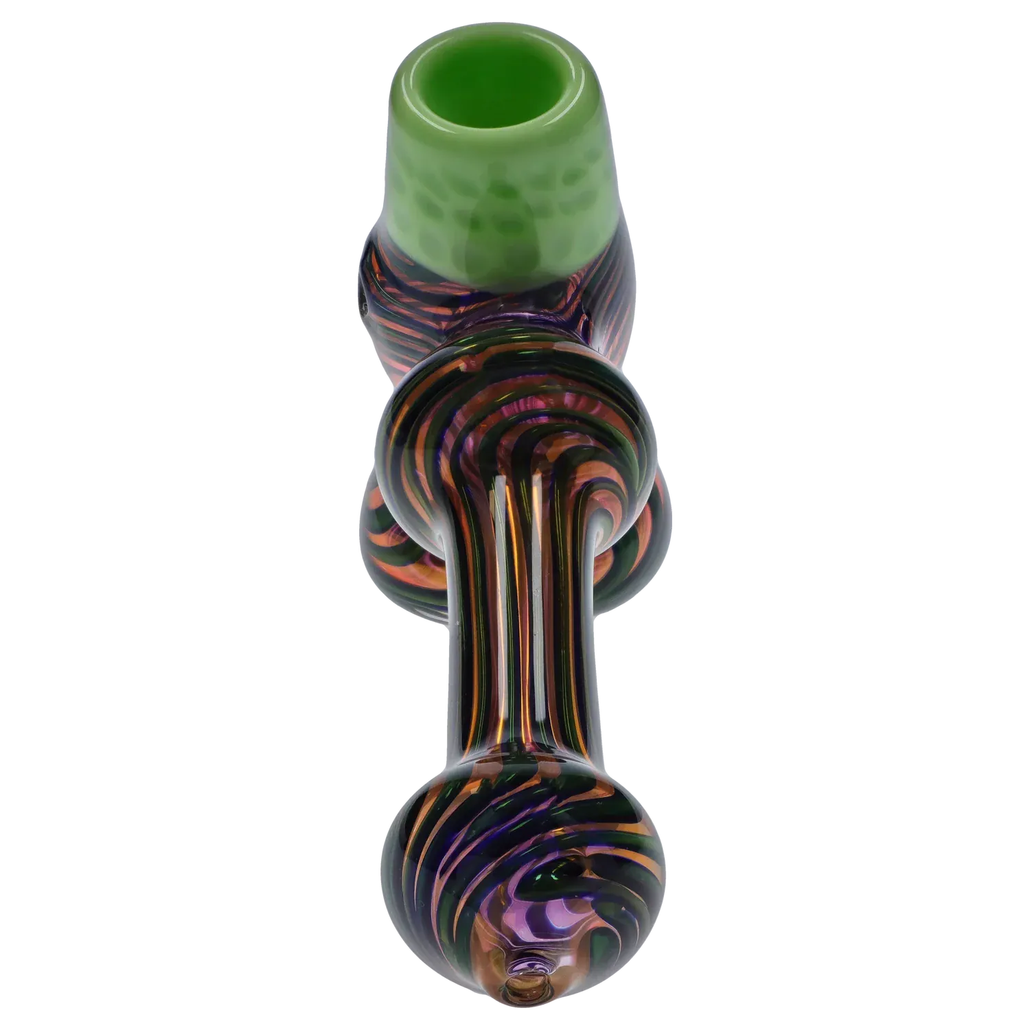 Top-down close view of the DHC Gold Fume Hammer Bubbler - 7 in., showing its green bowl atop a striped, iridescent glass body with concentric swirl patterns.