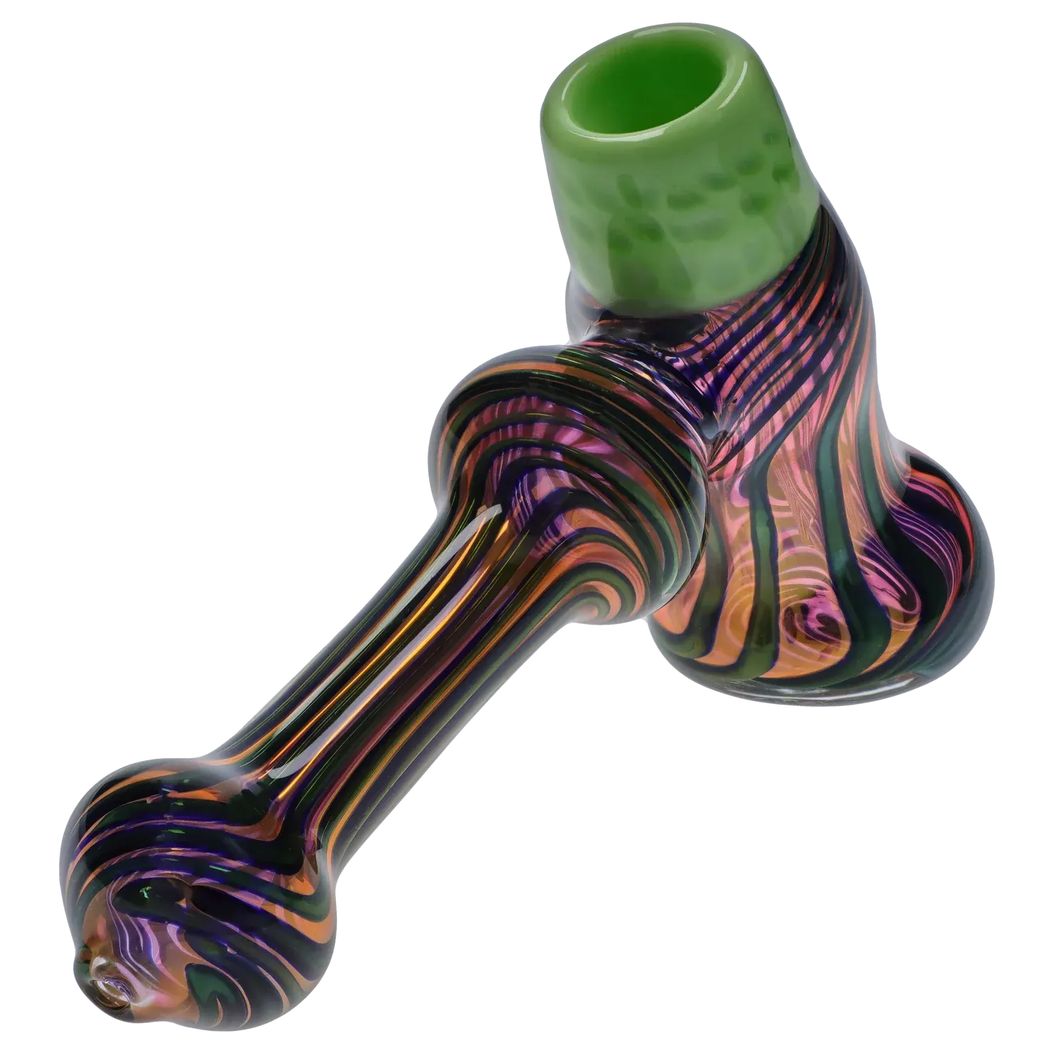 Angled close-up of the DHC Gold Fume Hammer Bubbler - 7 in. showing a green bowl atop a striped, iridescent purple and orange glass body.
