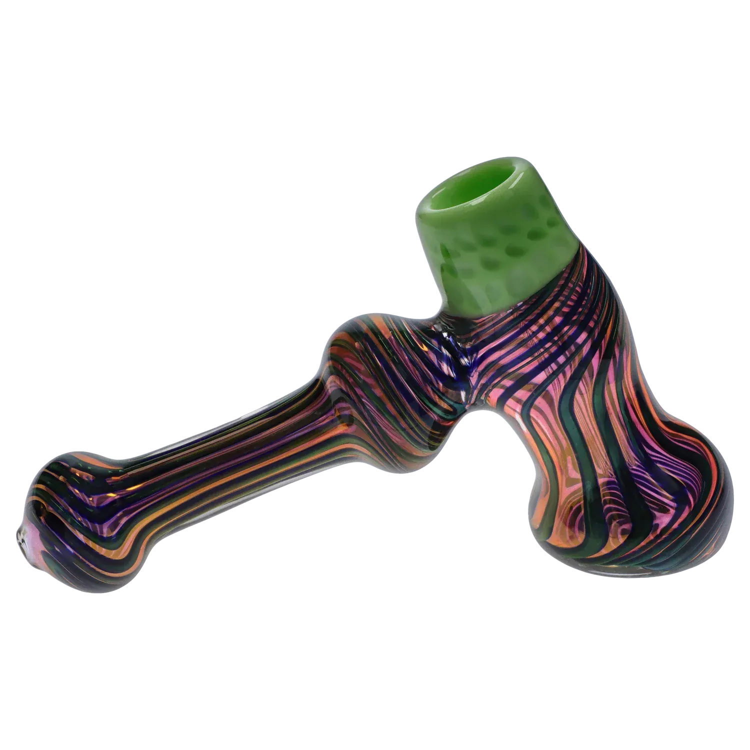 Angled close-up of the DHC Gold Fume Hammer Bubbler - 7 in., showing its green bowl and iridescent striped body against a white background