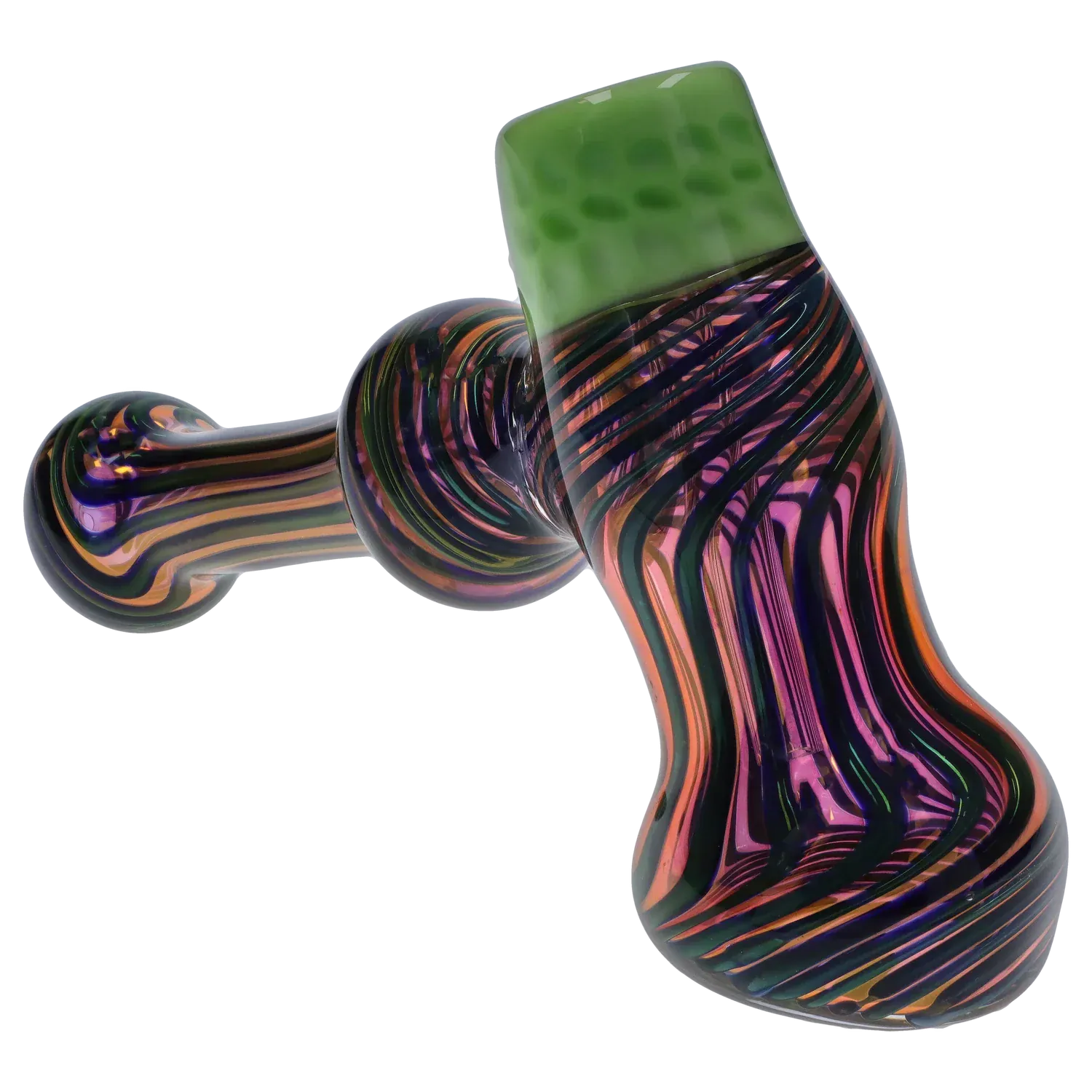 Angled close-up of the DHC Gold Fume Hammer Bubbler - 7 in. showing iridescent black, purple, and orange swirls and a green mouthpiece.