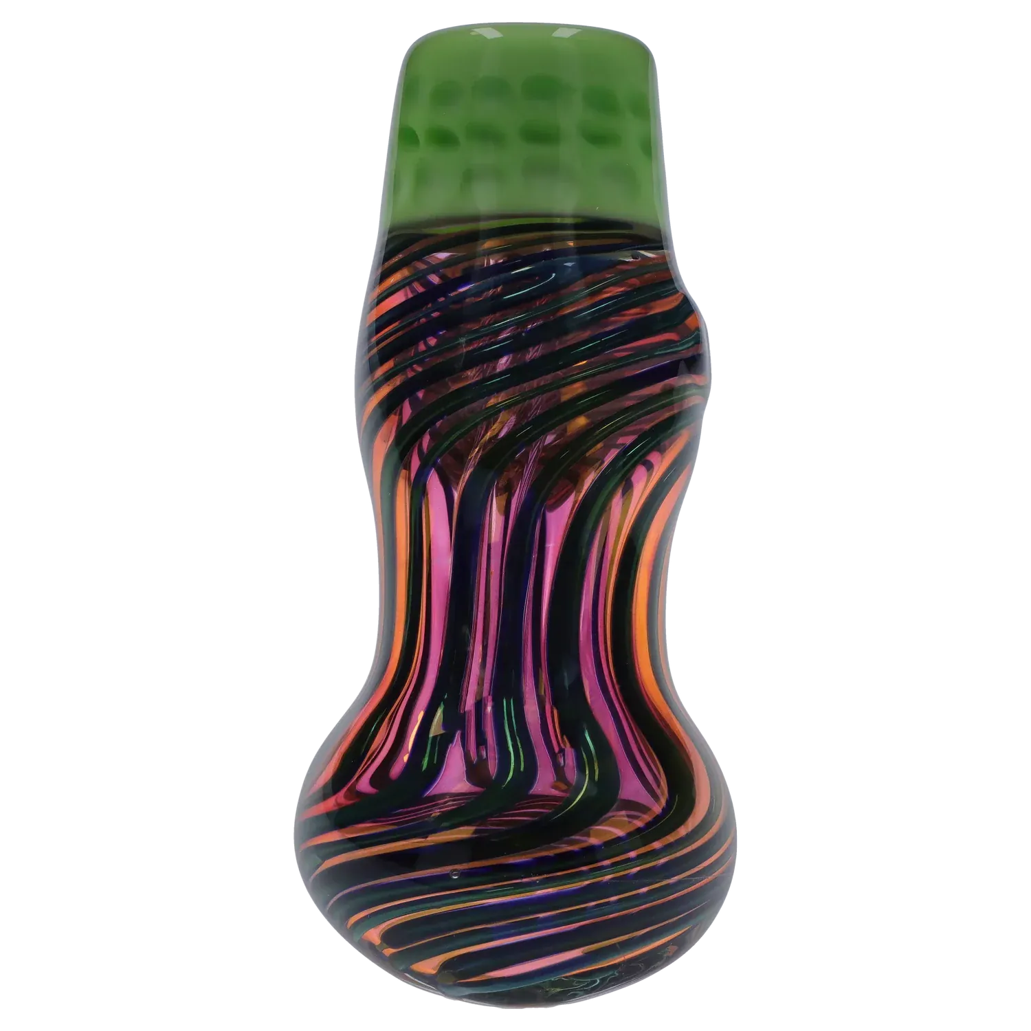 Close-up front view of the DHC Gold Fume Hammer Bubbler - 7 in., showing a green mouthpiece atop iridescent black glass with swirling orange and purple fume stripes.