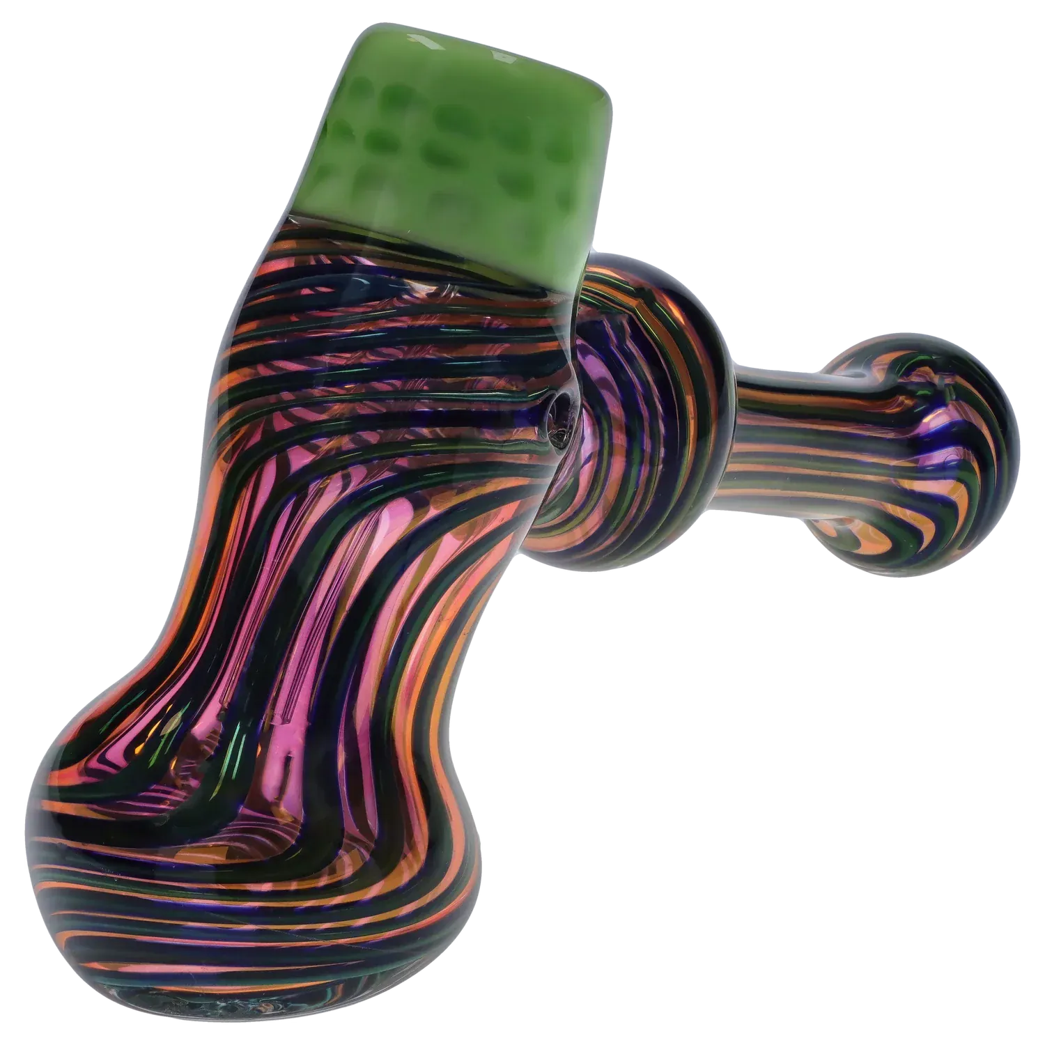 Angled close-up of the DHC Gold Fume Hammer Bubbler - 7 in., showing iridescent purple and orange striped glass with a green fumed mouthpiece.