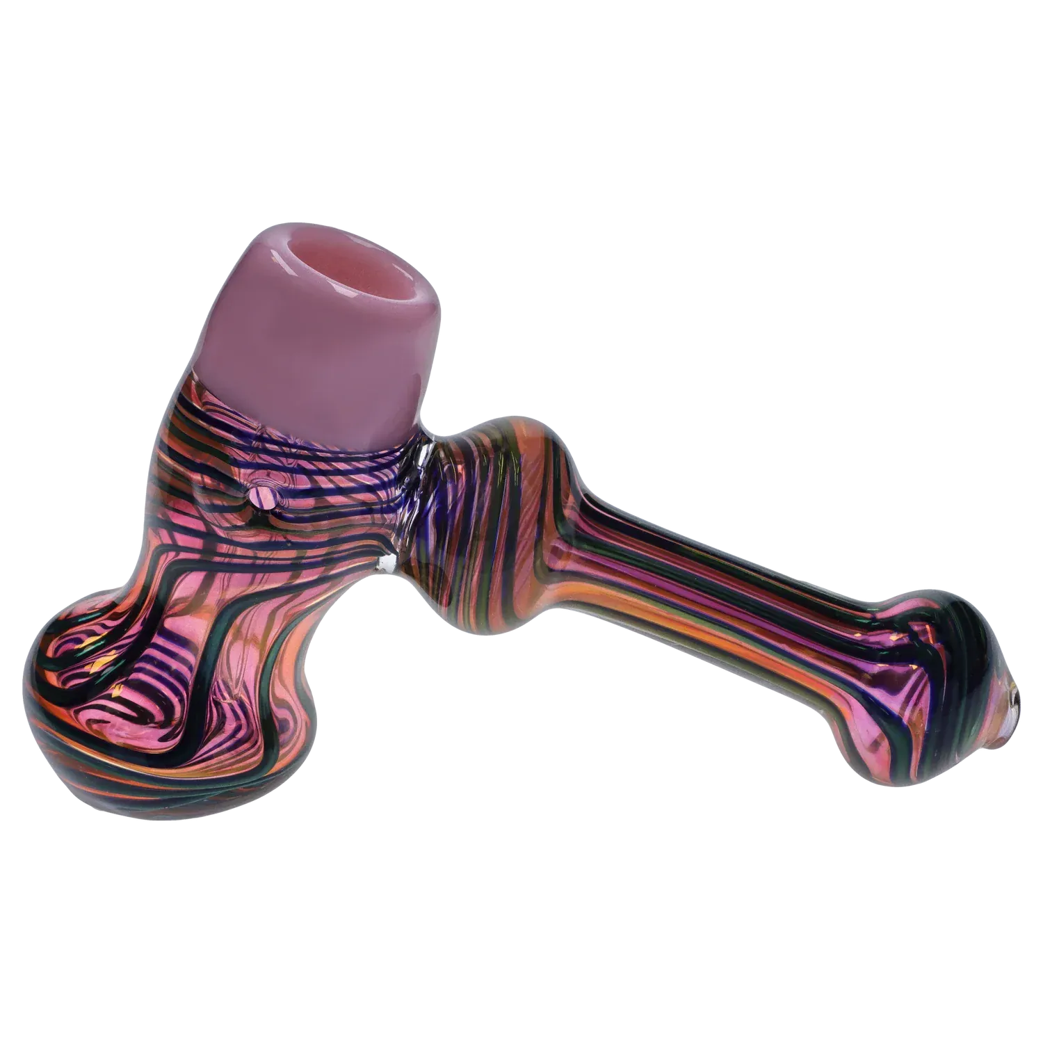 Angled close-up of the DHC Gold Fume Hammer Bubbler - 7 in., showing a pink bowl and iridescent striped glass body with flowing multicolored bands.