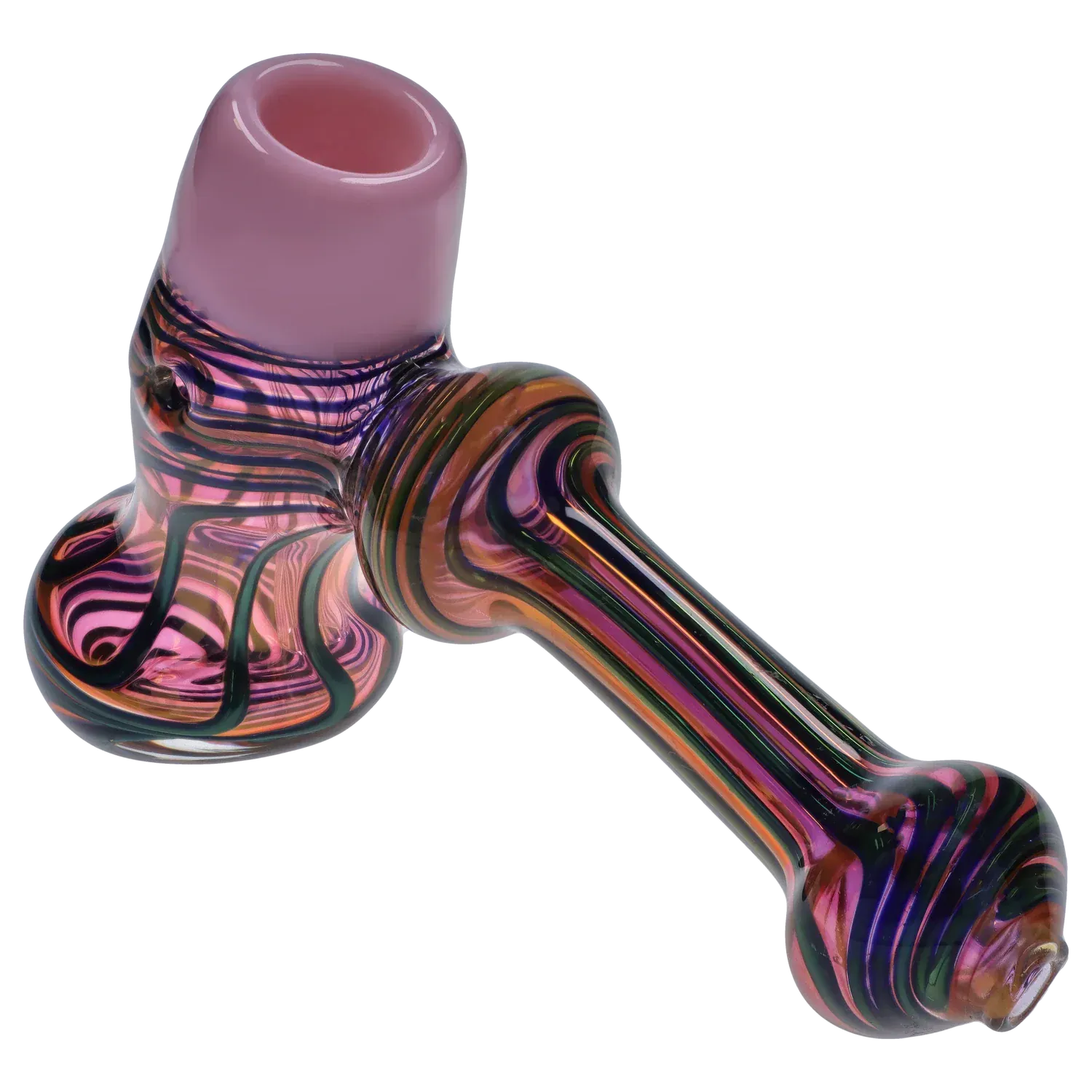 Angled close-up of the DHC Gold Fume Hammer Bubbler - 7 in., showing its pink bowl and multicolored striped glass body against a plain background