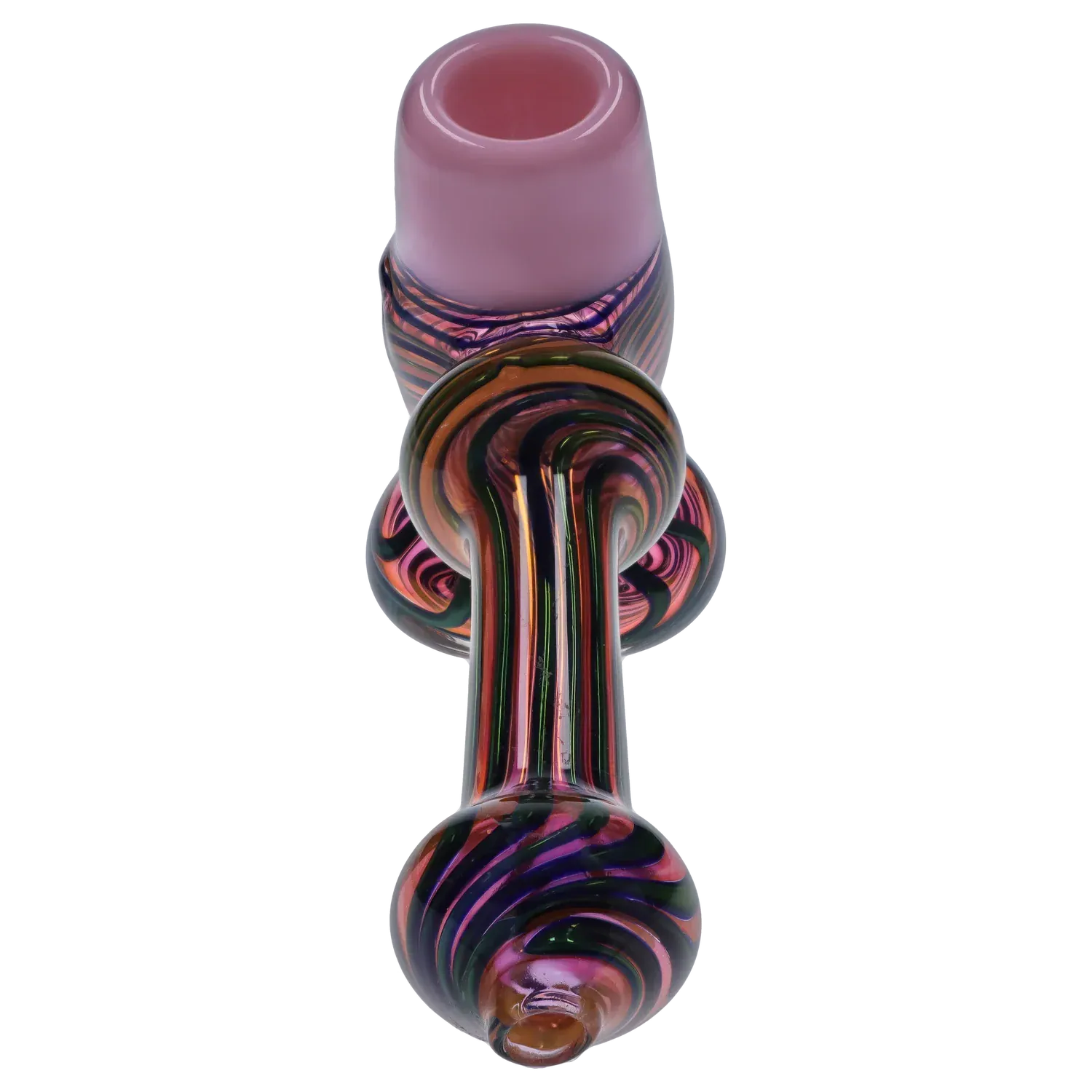 Top-down view of the DHC Gold Fume Hammer Bubbler - 7 in., showing its pink bowl and iridescent swirled glass body with concentric striped spheres.