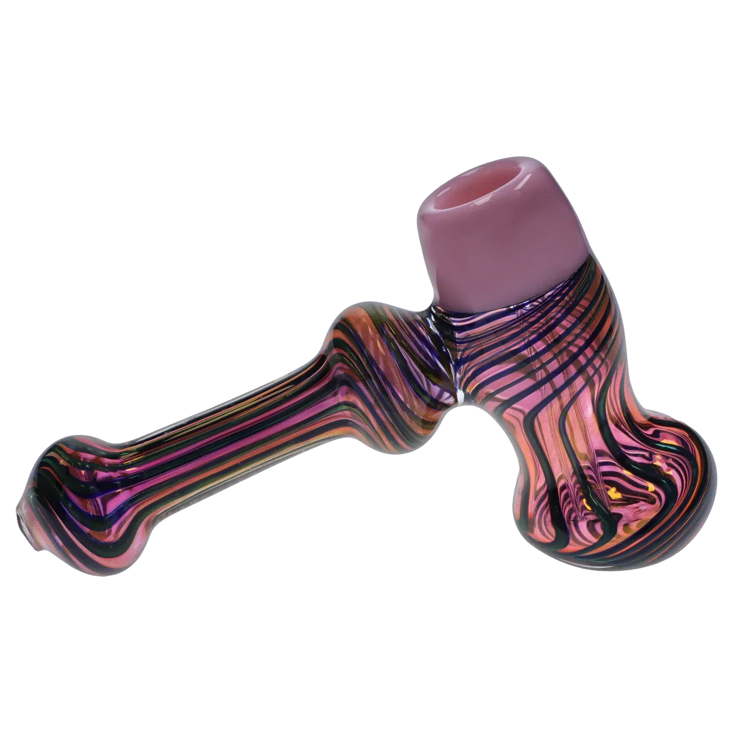 Angled close-up of the DHC Gold Fume Hammer Bubbler - 7 in., showing its pink bowl and iridescent striped glass body against a white background