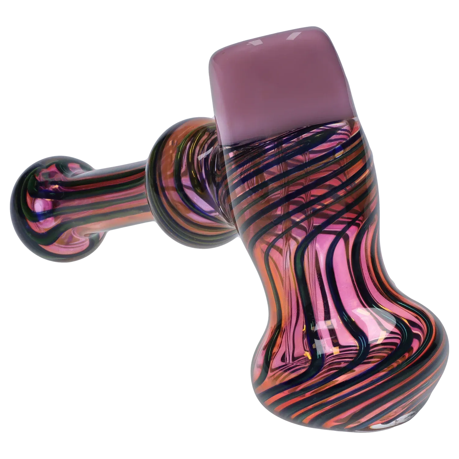 Close-up angled view of the DHC Gold Fume Hammer Bubbler - 7 in. showing swirled pink, orange, and black stripes and a rounded mouthpiece.