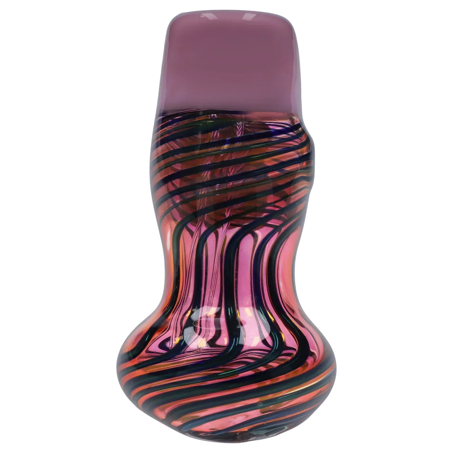 Close-up front view of the DHC Gold Fume Hammer Bubbler - 7 in. showing pink iridescent glass with flowing black and orange swirl bands.