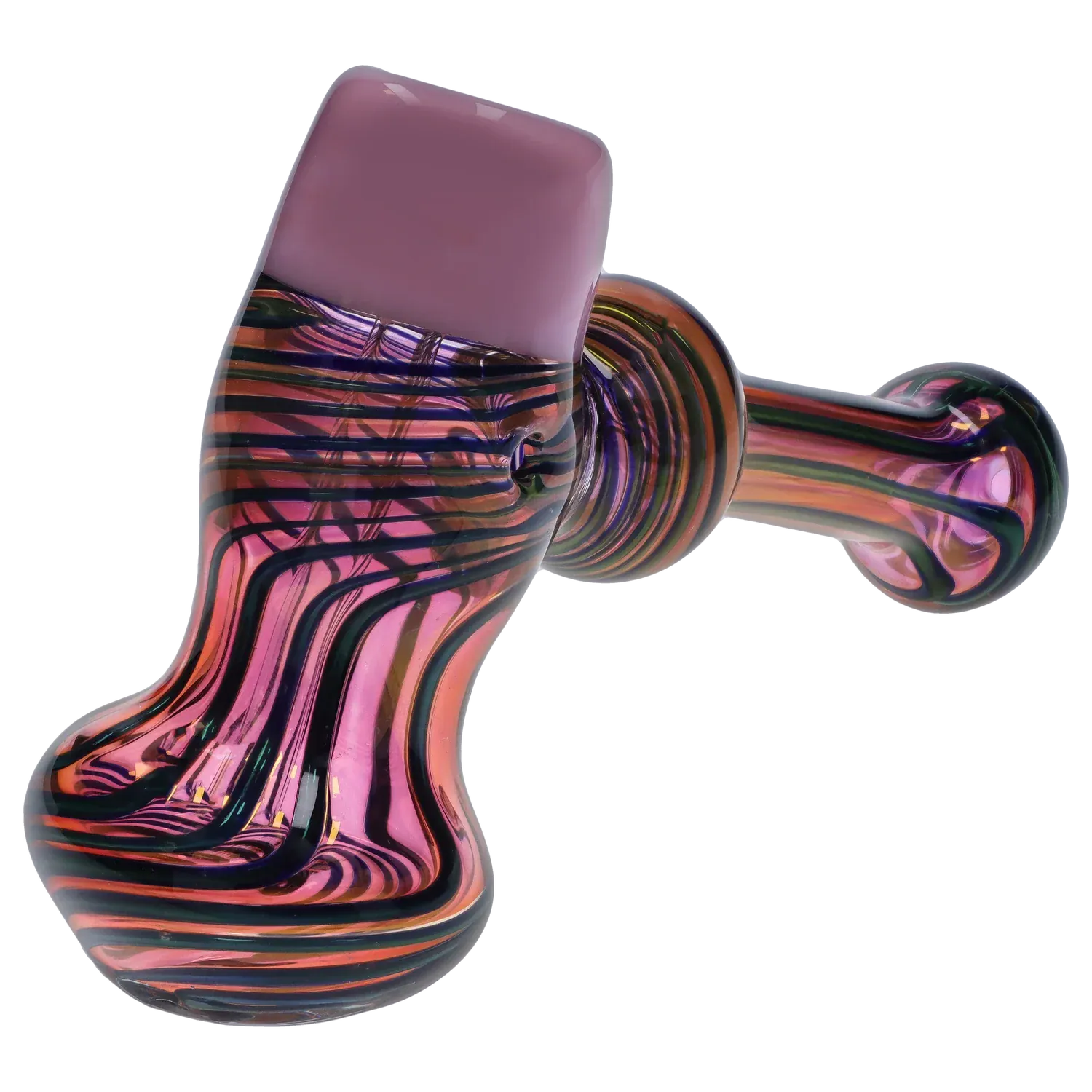 Angled close-up of the DHC Gold Fume Hammer Bubbler - 7 in. showing iridescent pink and black striped glass with a rounded mouthpiece.
