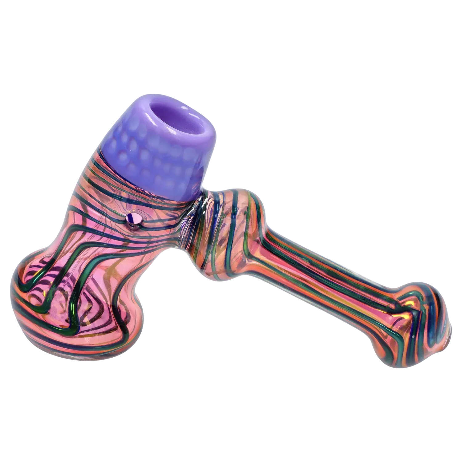 Angled close-up of the DHC Gold Fume Hammer Bubbler - 7 in., showing its purple-rimmed bowl and pink glass body with black and green swirled striping.