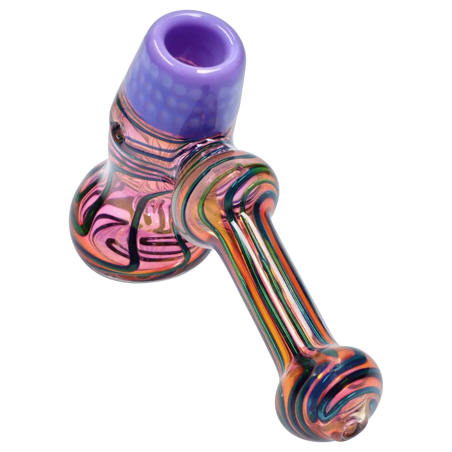 Angled close-up of the DHC Gold Fume Hammer Bubbler - 7 in. showing its purple bowl and swirled pink, green, and orange striped glass body.