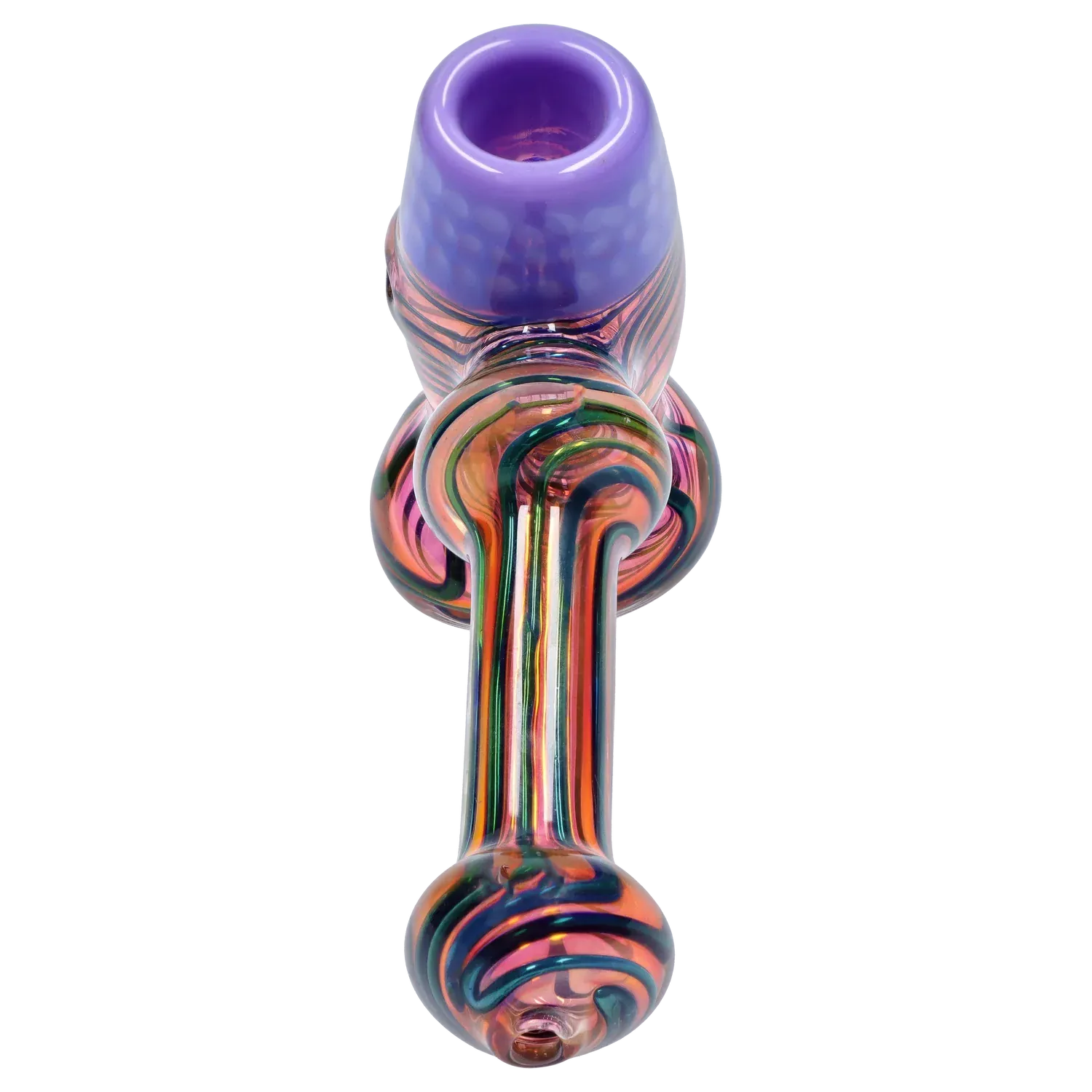 Top-down view of the DHC Gold Fume Hammer Bubbler - 7 in., showing a purple bowl and iridescent swirled glass stem against a white background