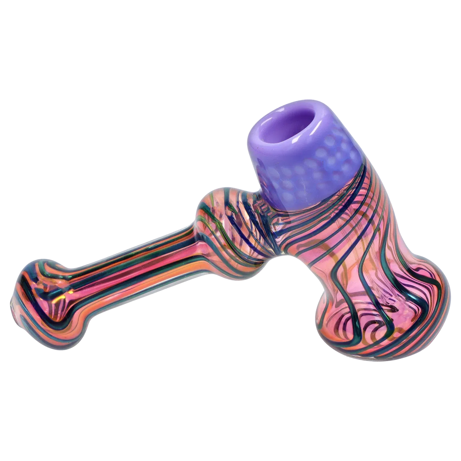 Angled close-up of the DHC Gold Fume Hammer Bubbler - 7 in. showing its purple bowl and swirling pink, orange, and teal striped glass body.