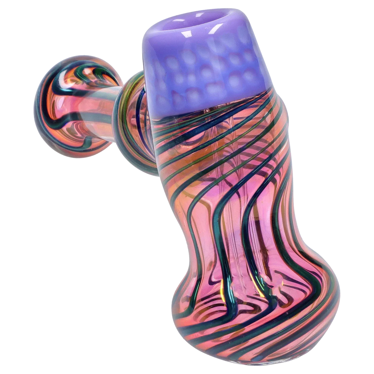 Close-up angled view of the DHC Gold Fume Hammer Bubbler - 7 in. showing iridescent pink glass with dark green swirling stripes and a purple mouthpiece.