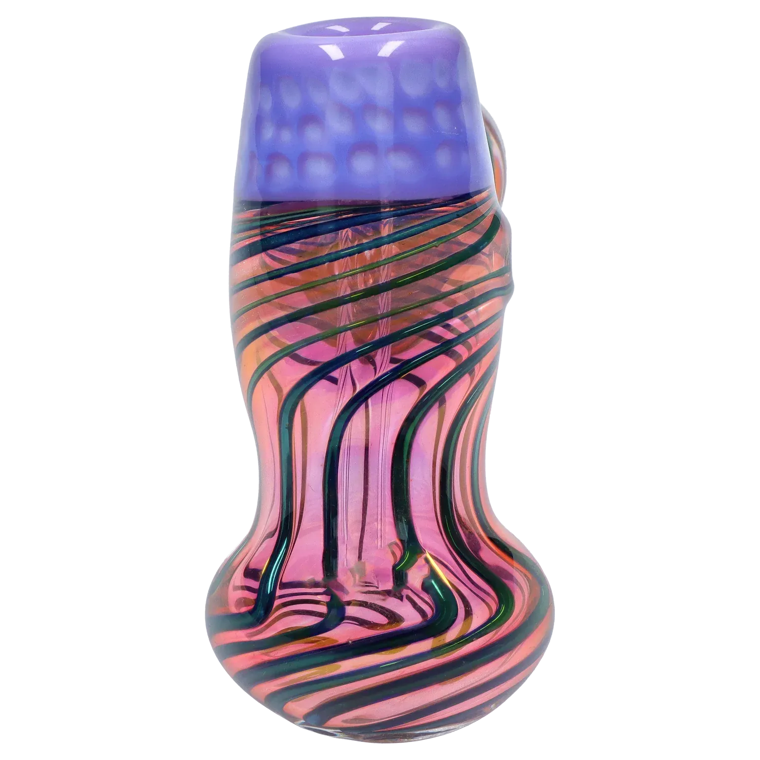 Close-up front view of the DHC Gold Fume Hammer Bubbler - 7 in., showing iridescent pink glass with black spiral stripes and a purple mouthpiece