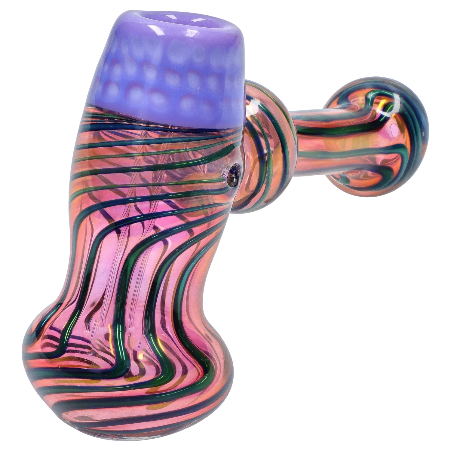 Close-up side view of the DHC Gold Fume Hammer Bubbler - 7 in., showing pink and green striped glass with a purple frosted mouthpiece.
