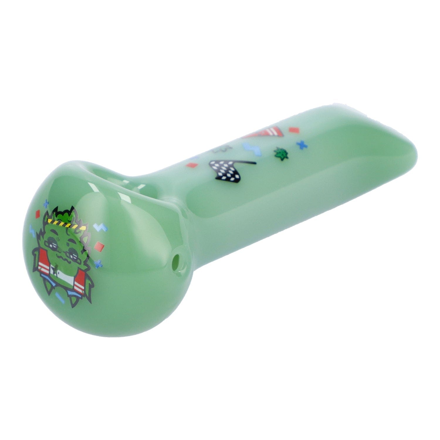 Angled close-up of the Milky Green Famous X 4" Sour Diesel Hand Pipe showing its rounded bowl with cartoon decal and glossy finish
