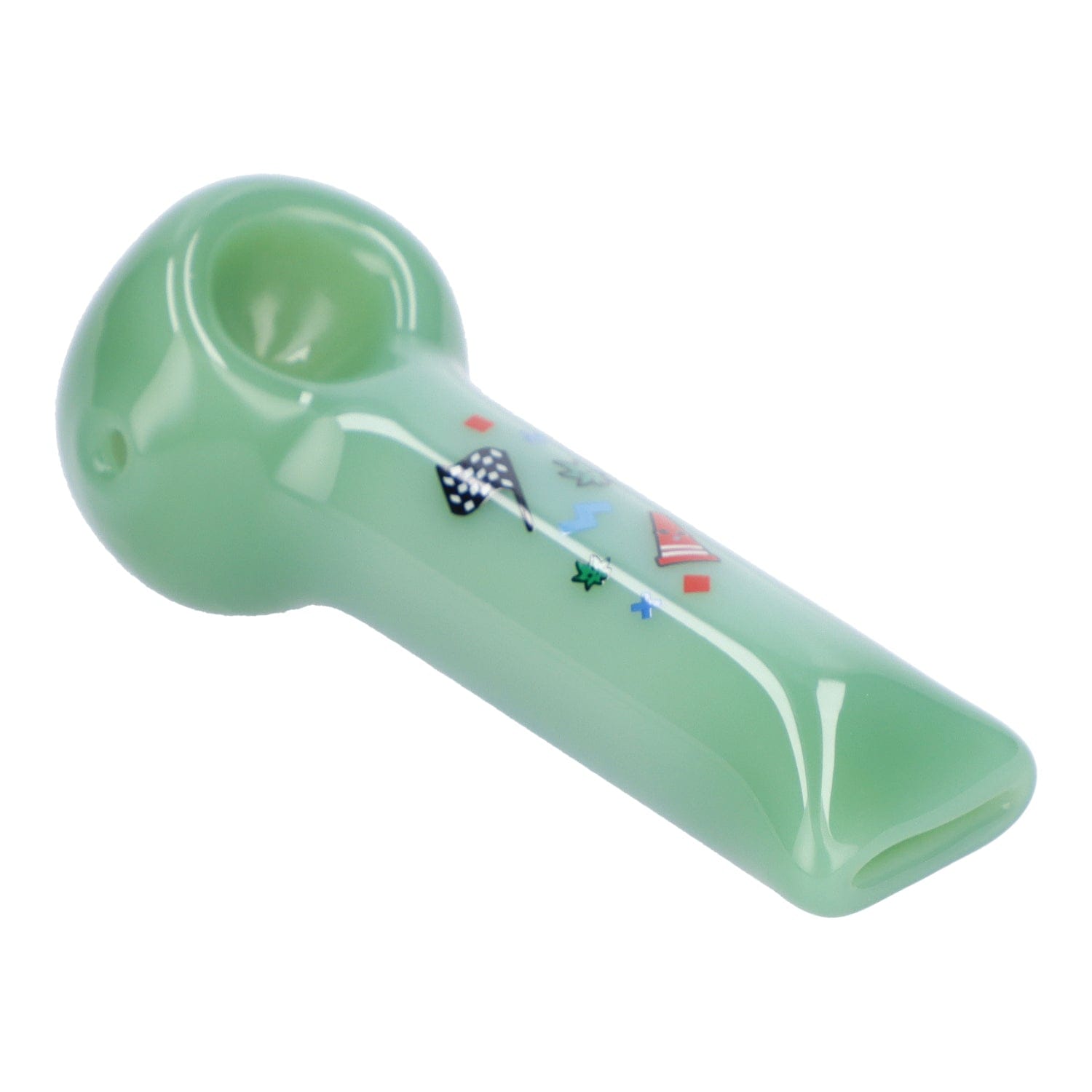 Angled close-up of the milky green Famous X 4" Sour Diesel Hand Pipe showing the bowl, glossy finish, and small colorful decal accents.