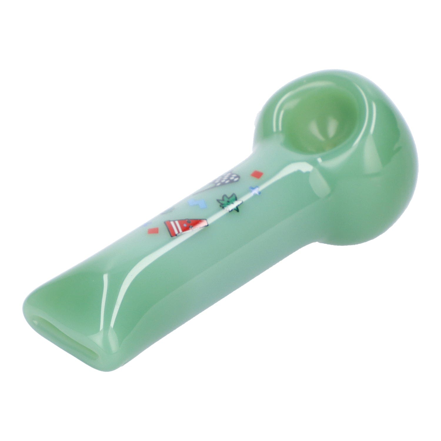 Close-up angled view of the milky green Famous X 4" Sour Diesel Hand Pipe showing its rounded bowl, smooth glossy finish, and small colorful decals.